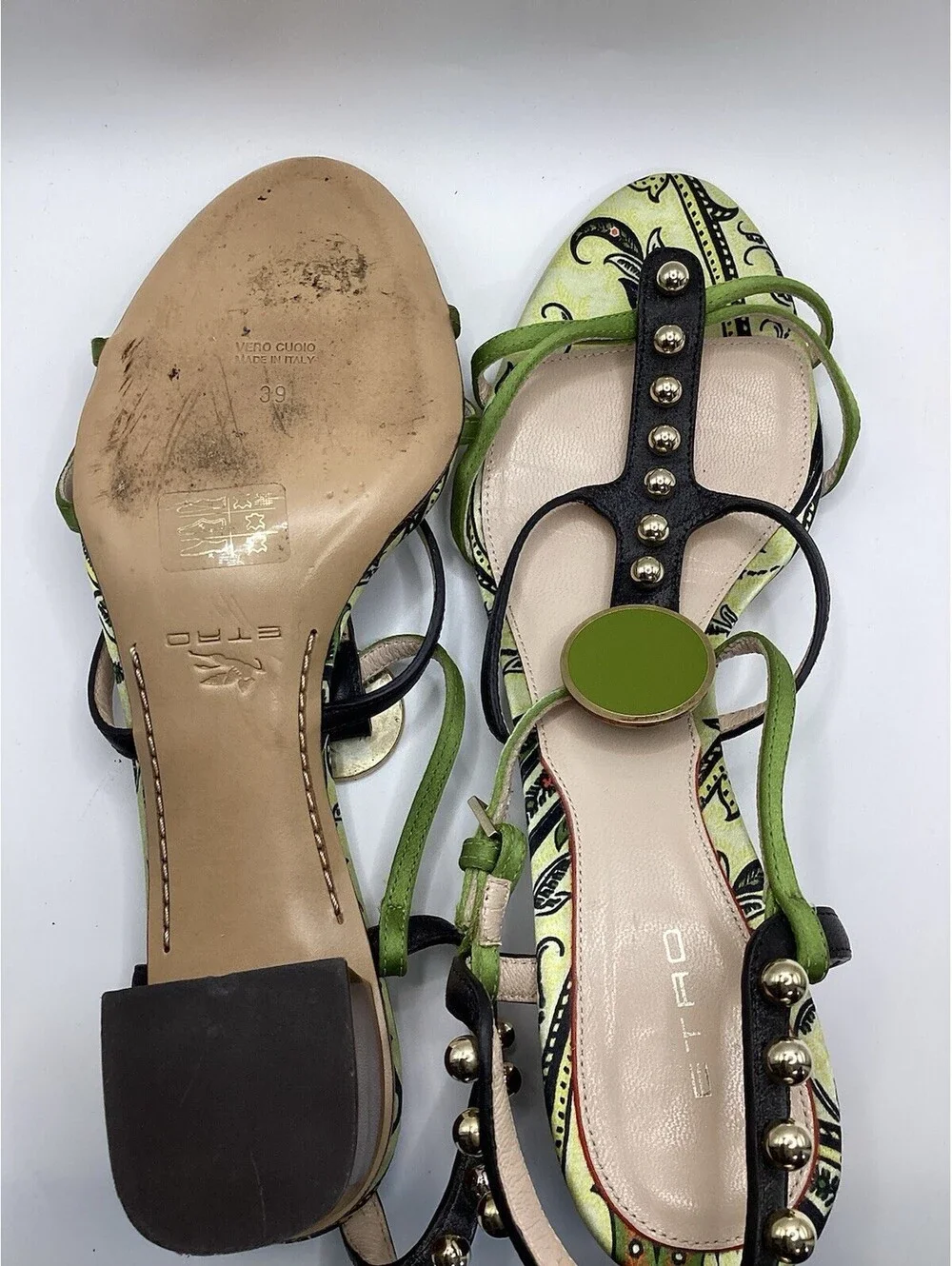 Etro Sandals Size 39 Green Black Studded Paisley Block Heel